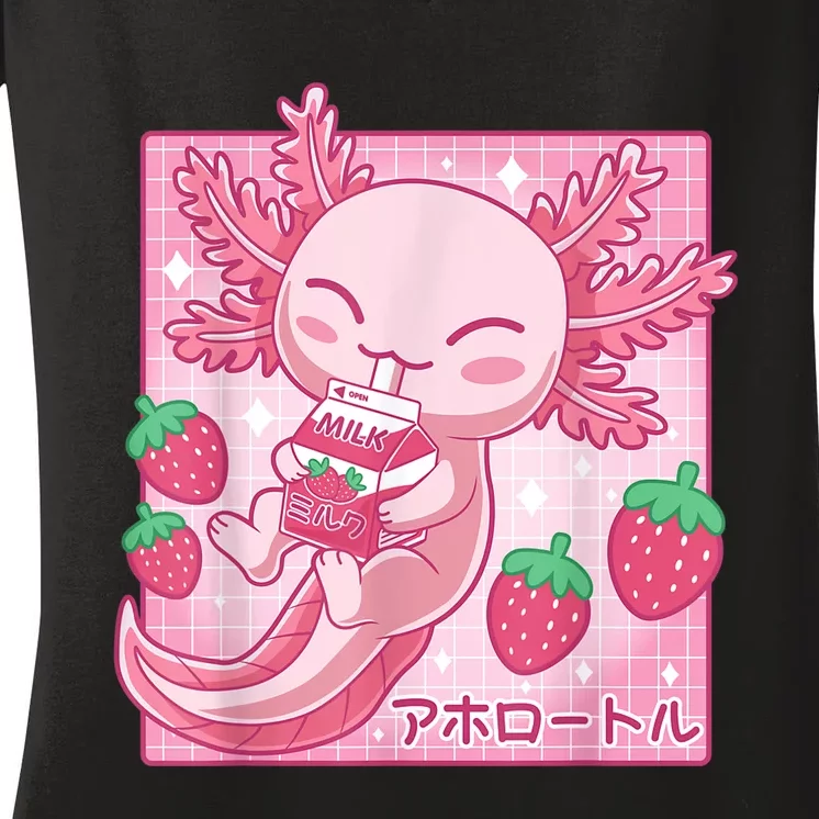 Kawaii Axolotl Strawberry Milk Shake Carton Japanese Anime Women's V-Neck T-Shirt