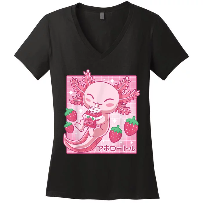 Kawaii Axolotl Strawberry Milk Shake Carton Japanese Anime Women's V-Neck T-Shirt