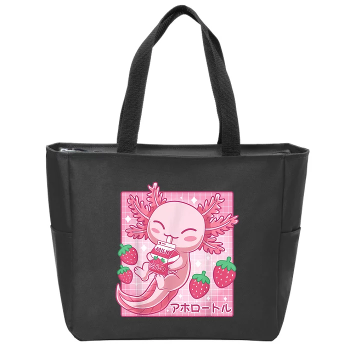 Kawaii Axolotl Strawberry Milk Shake Carton Japanese Anime Zip Tote Bag