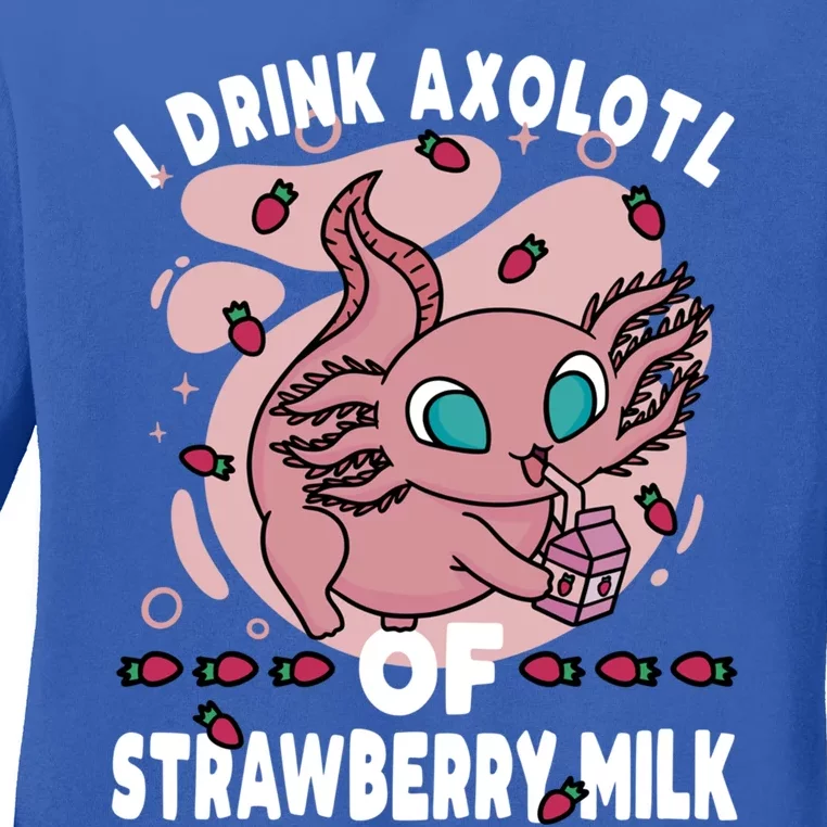 Kawaii Axolotl Strawberry Milk Shake Carton Gift Ladies Long Sleeve Shirt