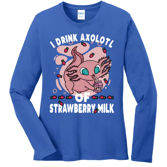 Kawaii Axolotl Strawberry Milk Shake Carton Gift Ladies Long Sleeve Shirt