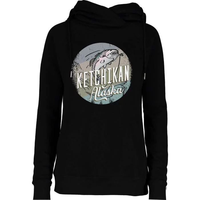 Ketchikan Alaska Souvenir Fishing Gift Vintage Style Salmon Womens Funnel Neck Pullover Hood