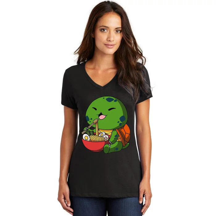 Kawaii Anime Turtle Asian Noodles Japanese Ra Women's V-Neck T-Shirt