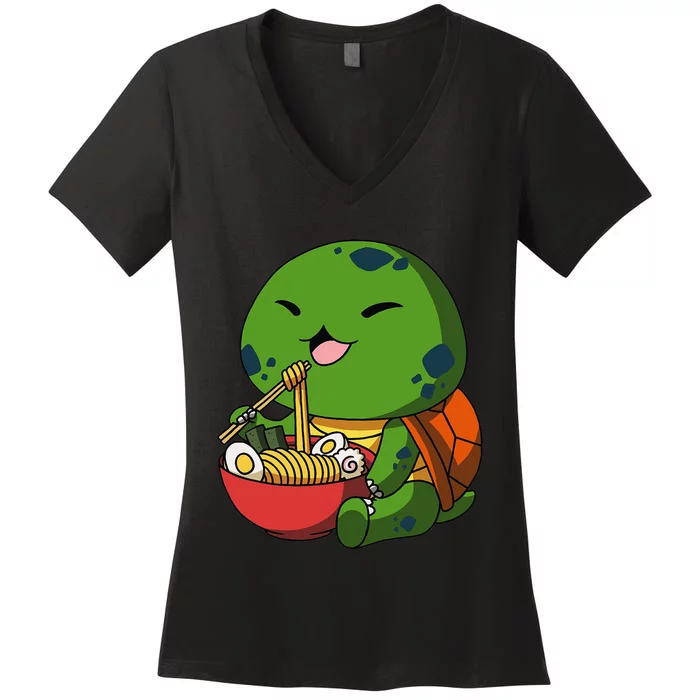 Kawaii Anime Turtle Asian Noodles Japanese Ra Women's V-Neck T-Shirt