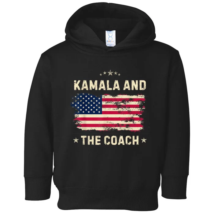 Kamala And The Coach 2024 Harris Walz Waltz Usa Flag Toddler Hoodie