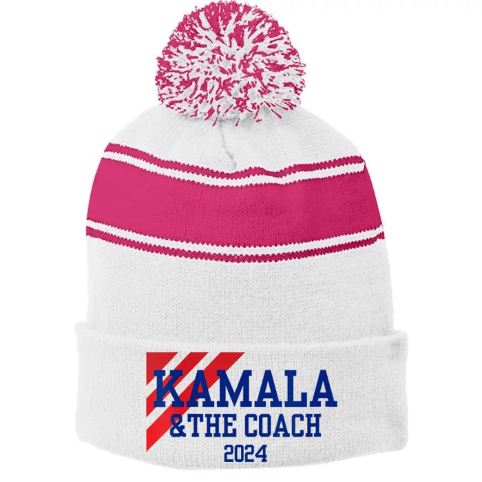 Kamala And The Coach 2024 Kamala Harris Tim Walz Stripe Pom Pom Beanie