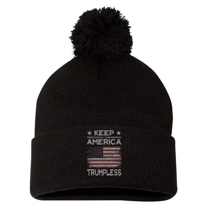 Keep America Trumpless Anti Trump Distressed American Flag Pom Pom 12in Knit Beanie