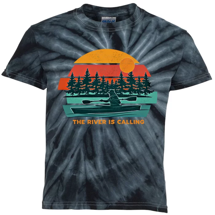 Kayaking Adventure The River Is Calling Retro Vintage Kayak Gift Kids Tie-Dye T-Shirt