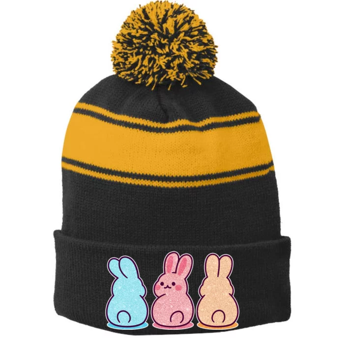 Kawaii Cute Easter Bunny Rabbits Stripe Pom Pom Beanie