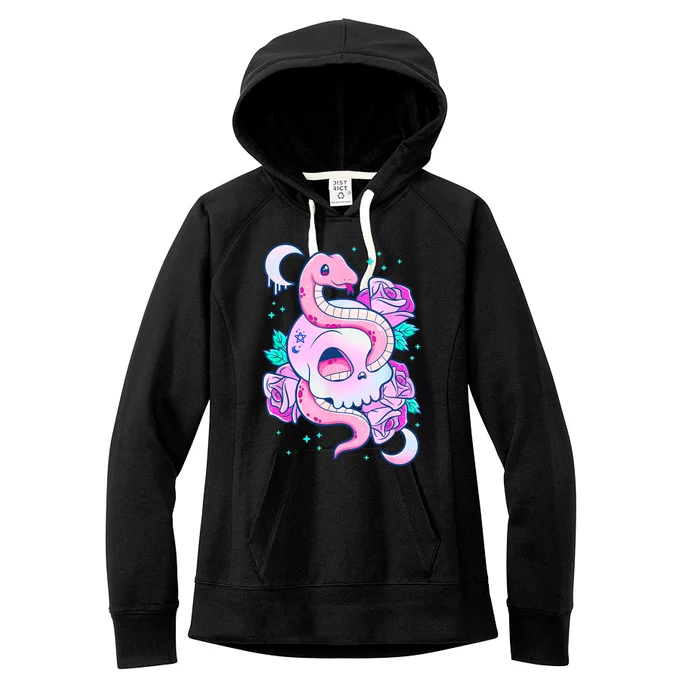 Kawaii Pastel Goth Cute Creepy Skull Serpent Snake Roses Women's Fleece Hoodie