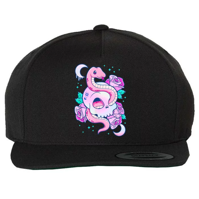 Kawaii Pastel Goth Cute Creepy Skull Serpent Snake Roses Wool Snapback Cap