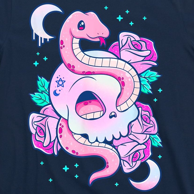 Kawaii Pastel Goth Cute Creepy Skull Serpent Snake Roses T-Shirt