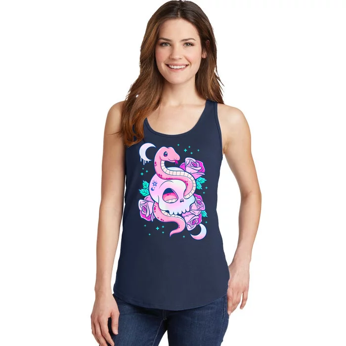 Kawaii Pastel Goth Cute Creepy Skull Serpent Snake Roses Ladies Essential Tank