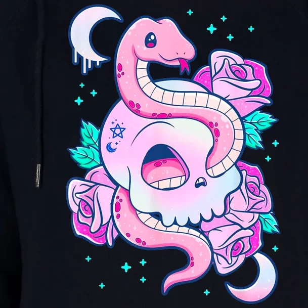 Kawaii Pastel Goth Cute Creepy Skull Serpent Snake Roses Womens Funnel Neck Pullover Hood