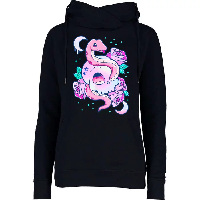 Kawaii Pastel Goth Cute Creepy Skull Serpent Snake Roses Womens Funnel Neck Pullover Hood