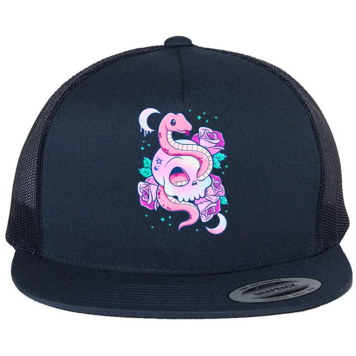 Kawaii Pastel Goth Cute Creepy Skull Serpent Snake Roses Flat Bill Trucker Hat