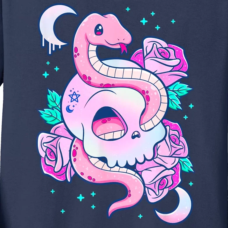 Kawaii Pastel Goth Cute Creepy Skull Serpent Snake Roses Kids Long Sleeve Shirt