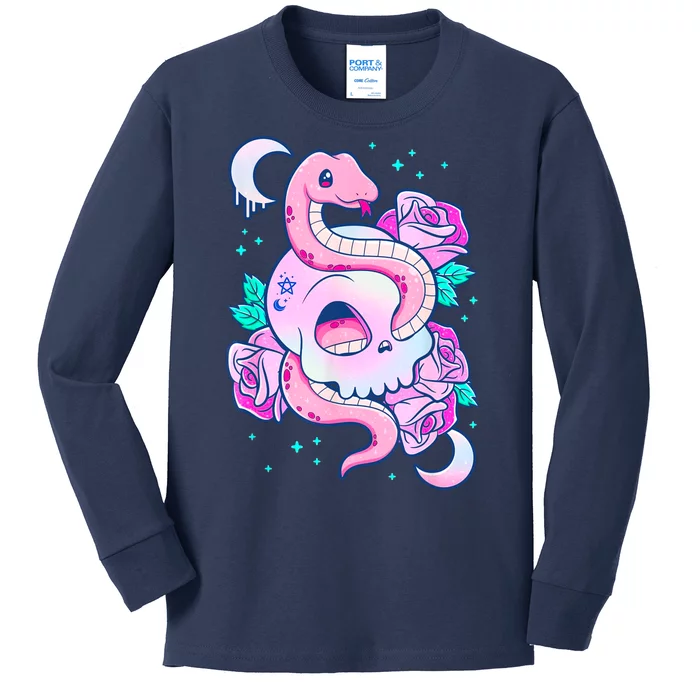 Kawaii Pastel Goth Cute Creepy Skull Serpent Snake Roses Kids Long Sleeve Shirt