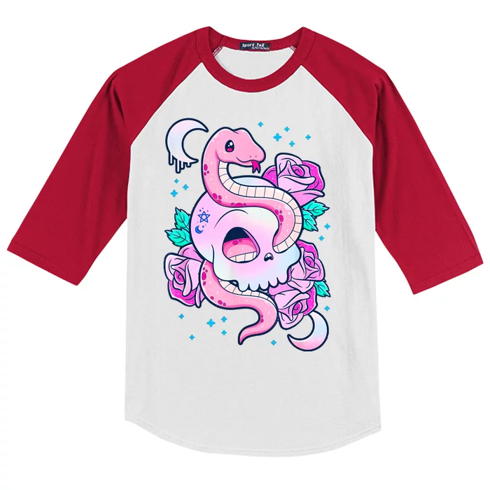 Kawaii Pastel Goth Cute Creepy Skull Serpent Snake Roses Kids Colorblock Raglan Jersey