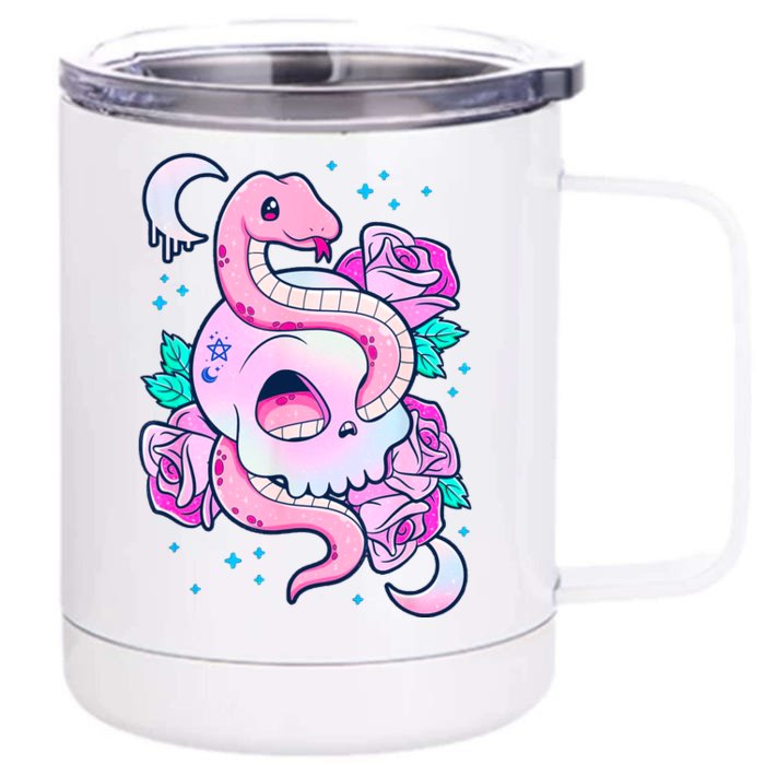 Kawaii Pastel Goth Cute Creepy Skull Serpent Snake Roses Front & Back 12oz Stainless Steel Tumbler Cup