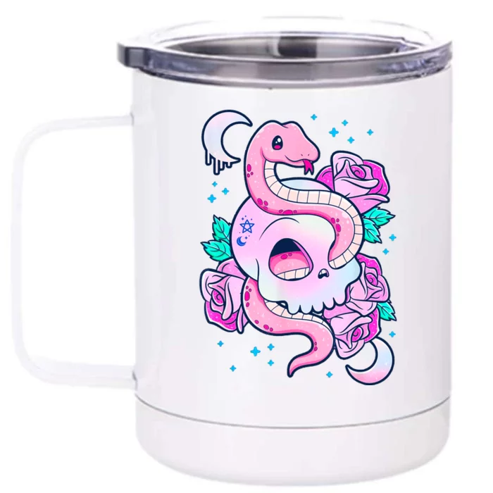 Kawaii Pastel Goth Cute Creepy Skull Serpent Snake Roses Front & Back 12oz Stainless Steel Tumbler Cup