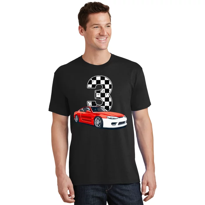 Kids Birthday Boy 3 Three Race Car 3rd Birthday Racing Car Flag T-Shirt