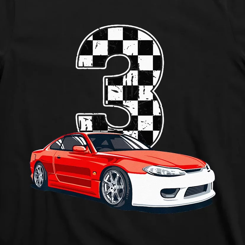 Kids Birthday Boy 3 Three Race Car 3rd Birthday Racing Car Flag T-Shirt