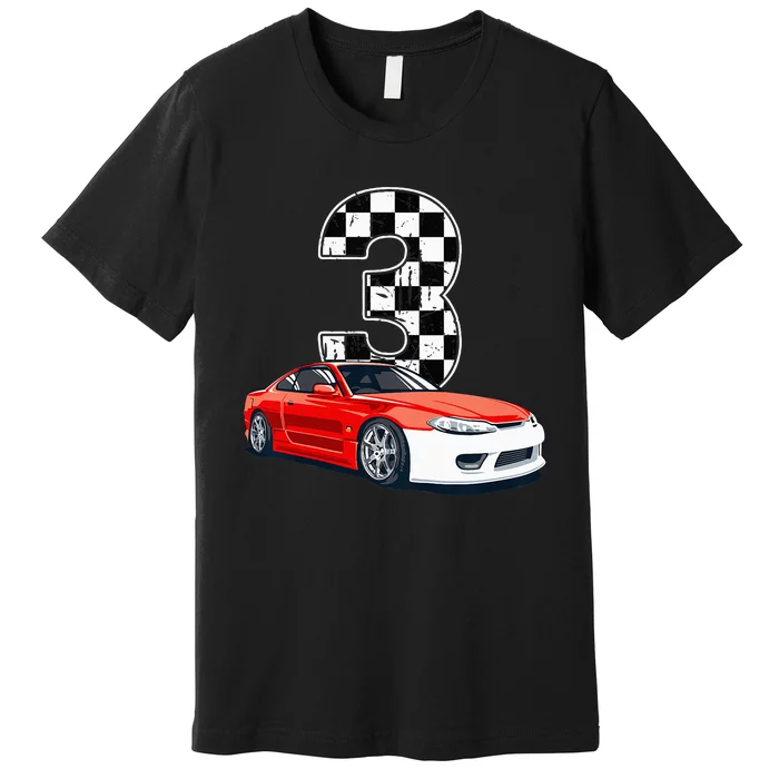 Kids Birthday Boy 3 Three Race Car 3rd Birthday Racing Car Flag Premium T-Shirt