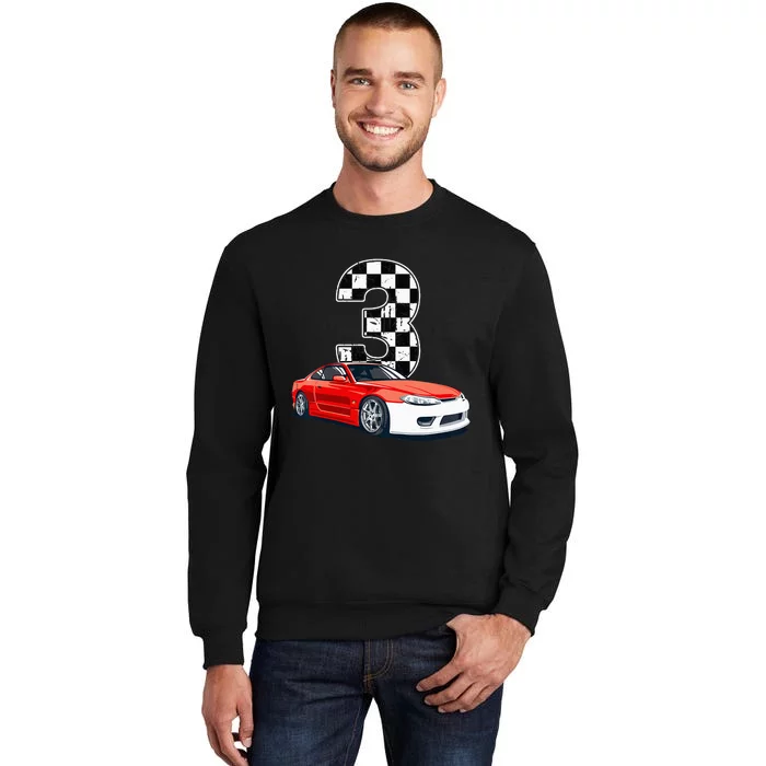 Kids Birthday Boy 3 Three Race Car 3rd Birthday Racing Car Flag Tall Sweatshirt