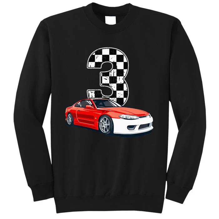 Kids Birthday Boy 3 Three Race Car 3rd Birthday Racing Car Flag Tall Sweatshirt