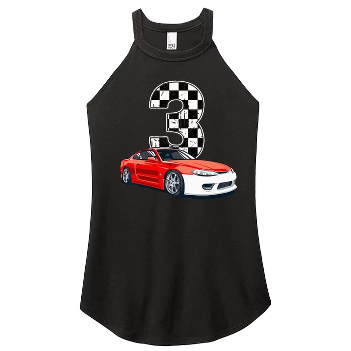 Kids Birthday Boy 3 Three Race Car 3rd Birthday Racing Car Flag Women’s Perfect Tri Rocker Tank