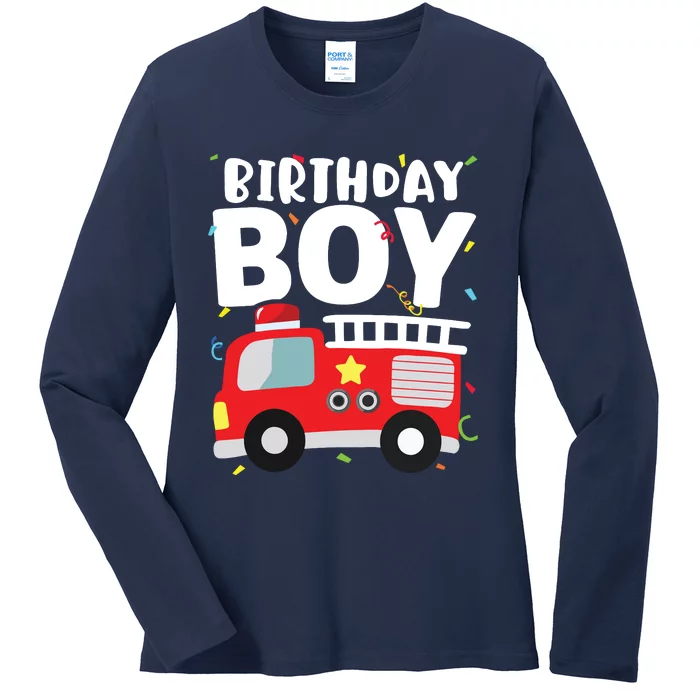 Kids Birthday Boy Fire Truck Party Firefighter Theme Ladies Long Sleeve Shirt