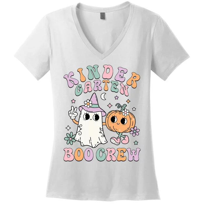 Kindergarten Boo Crew Halloween Floral Ghost Kinder Teacher Women's V-Neck T-Shirt