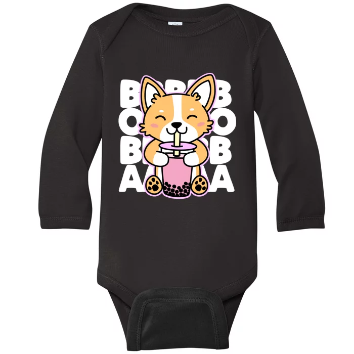 Kawaii Boba Cute Anime Dog Corgi Kawaii Tea Drjnk Dark Baby Long Sleeve Bodysuit