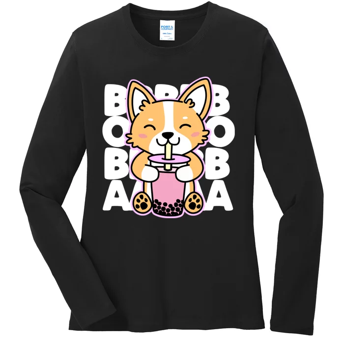 Kawaii Boba Cute Anime Dog Corgi Kawaii Tea Drjnk Dark Ladies Long Sleeve Shirt