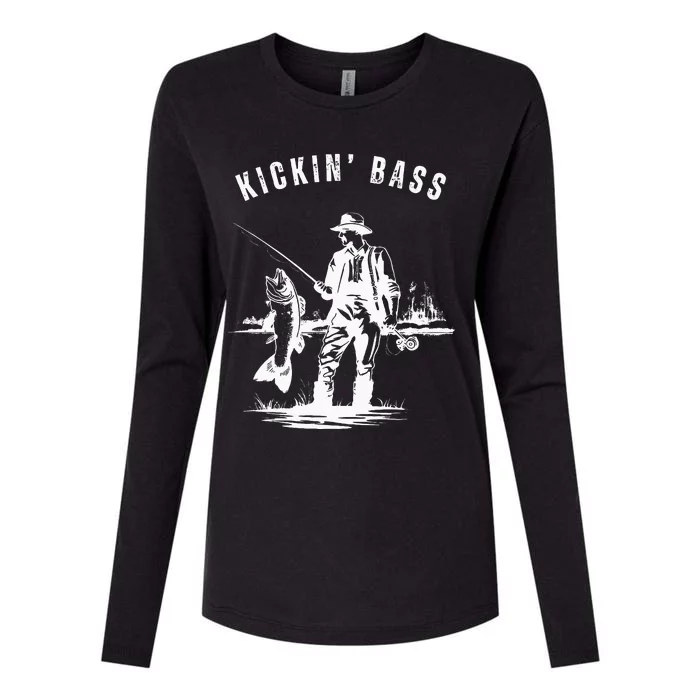 Kickin Bass Fisherman Fishing Fish Funny Outdoors Lake Womens Cotton Relaxed Long Sleeve T-Shirt