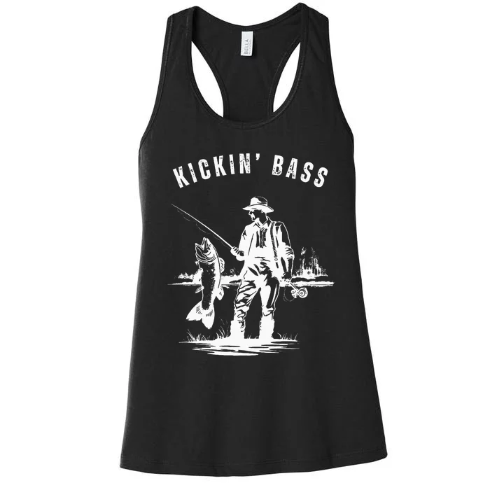 Kickin Bass Fisherman Fishing Fish Funny Outdoors Lake Women's Racerback Tank