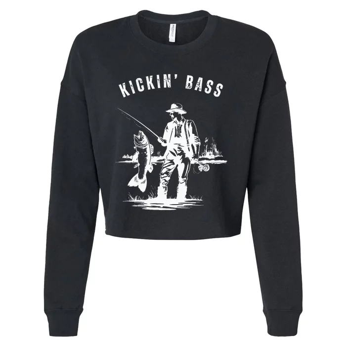 Kickin Bass Fisherman Fishing Fish Funny Outdoors Lake Cropped Pullover Crew