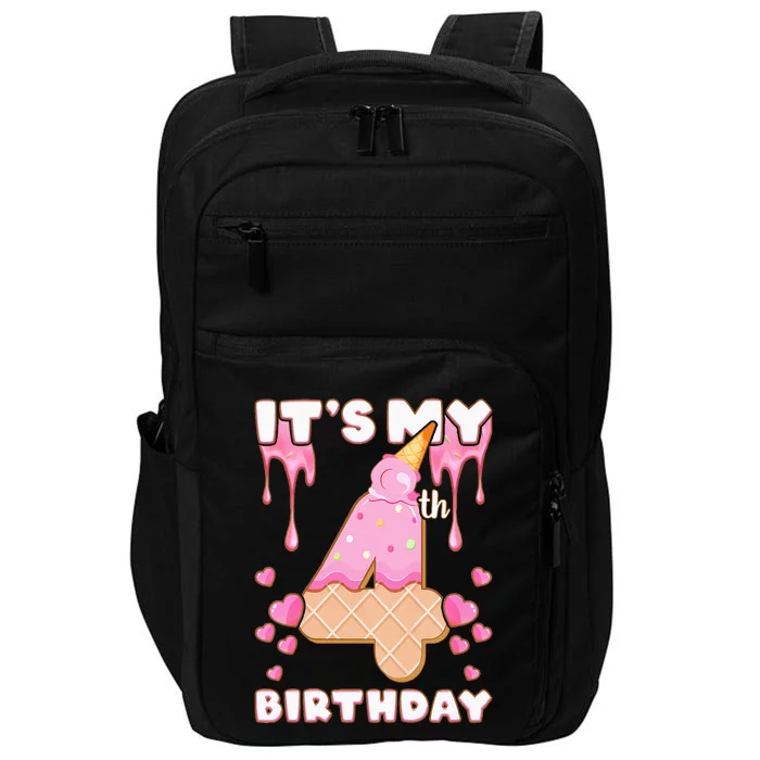 Kids Birthday Girl 4 Years Ice Cream Its My 4th Birthday Impact Tech Backpack