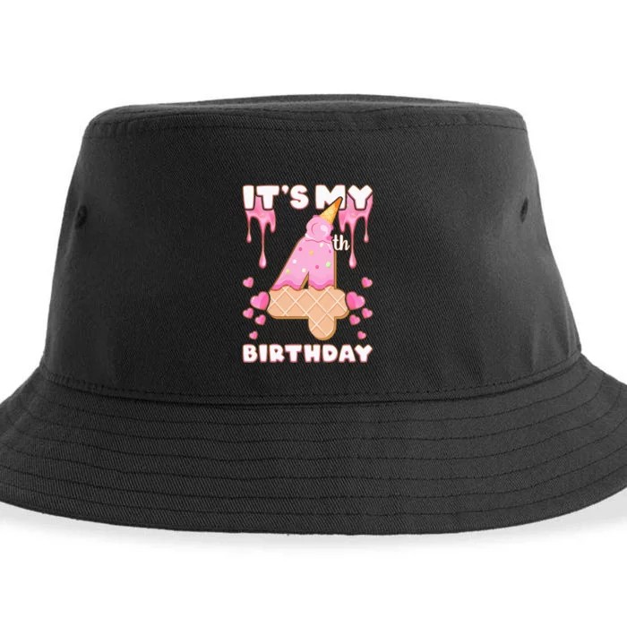 Kids Birthday Girl 4 Years Ice Cream Its My 4th Birthday Sustainable Bucket Hat