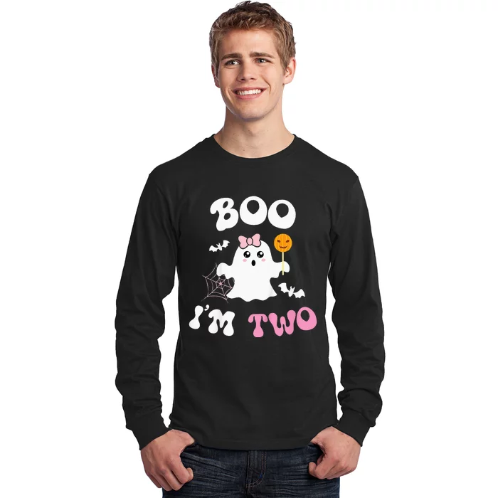 Kids Boo Im Two Ghost Second 2nd Birthday Groovy Halloween Girls Long Sleeve Shirt