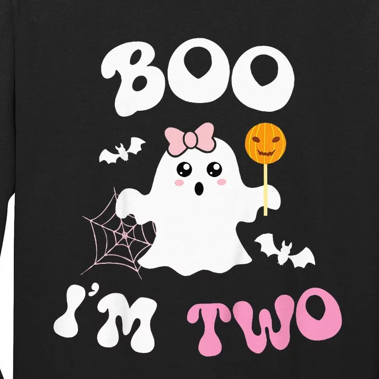 Kids Boo Im Two Ghost Second 2nd Birthday Groovy Halloween Girls Tall Long Sleeve T-Shirt