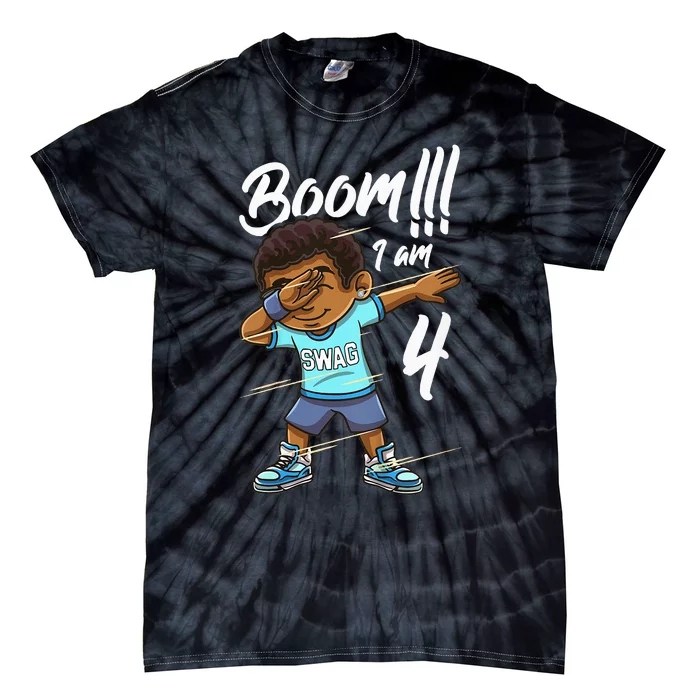 Kids Boom Im 4 Year Old Black Boy Dabbing Birthday Party 4th Bday Tie-Dye T-Shirt