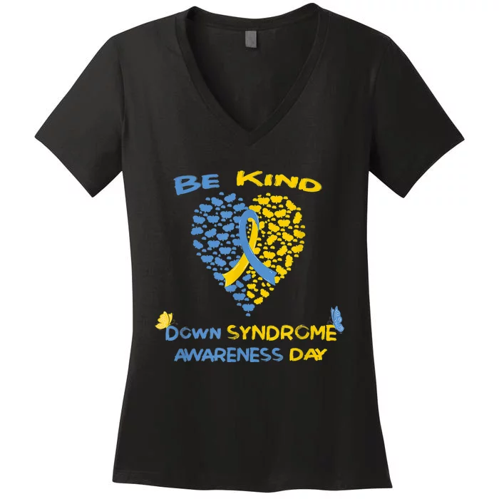 kid Be Kind World Down Syndrome Awareness  Day Fight Ribbon Women's V-Neck T-Shirt