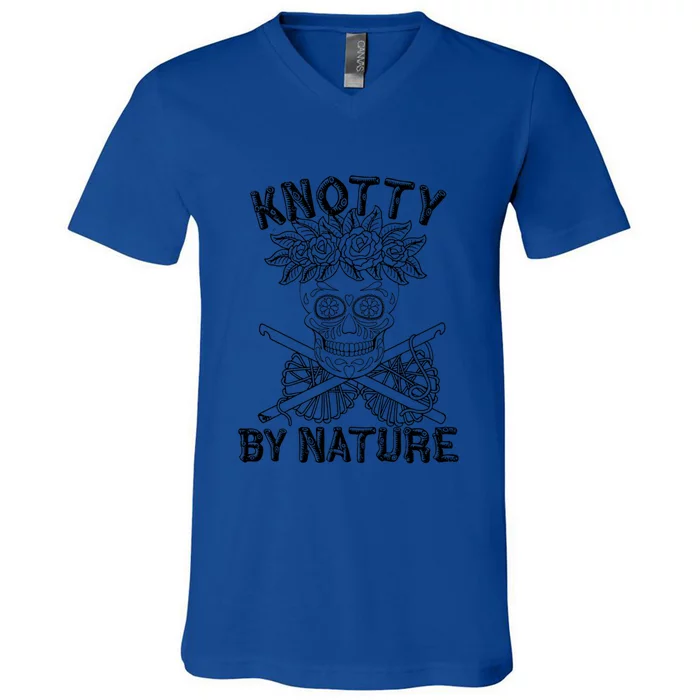 Knotty By Nature Funny Skeleton Knitting Crocheting Lover Cute Gift V-Neck T-Shirt