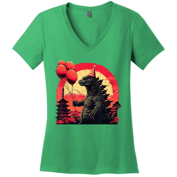 Kaiju Birthday Party Japan Monster Movie Bday Decorations Women's V-Neck T-Shirt