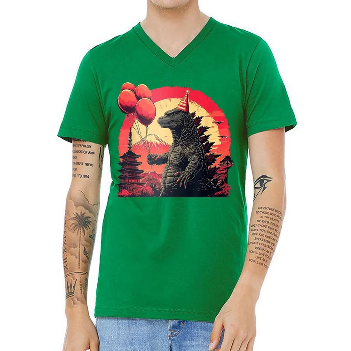 Kaiju Birthday Party Japan Monster Dinosaur V-Neck T-Shirt