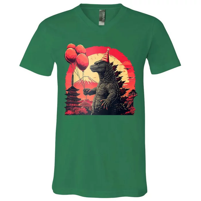 Kaiju Birthday Party Japan Monster Dinosaur V-Neck T-Shirt