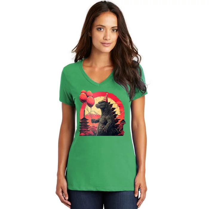 Kaiju Birthday Party Japan Monster Dinosaur Women's V-Neck T-Shirt