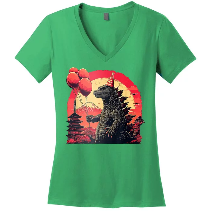 Kaiju Birthday Party Japan Monster Dinosaur Women's V-Neck T-Shirt